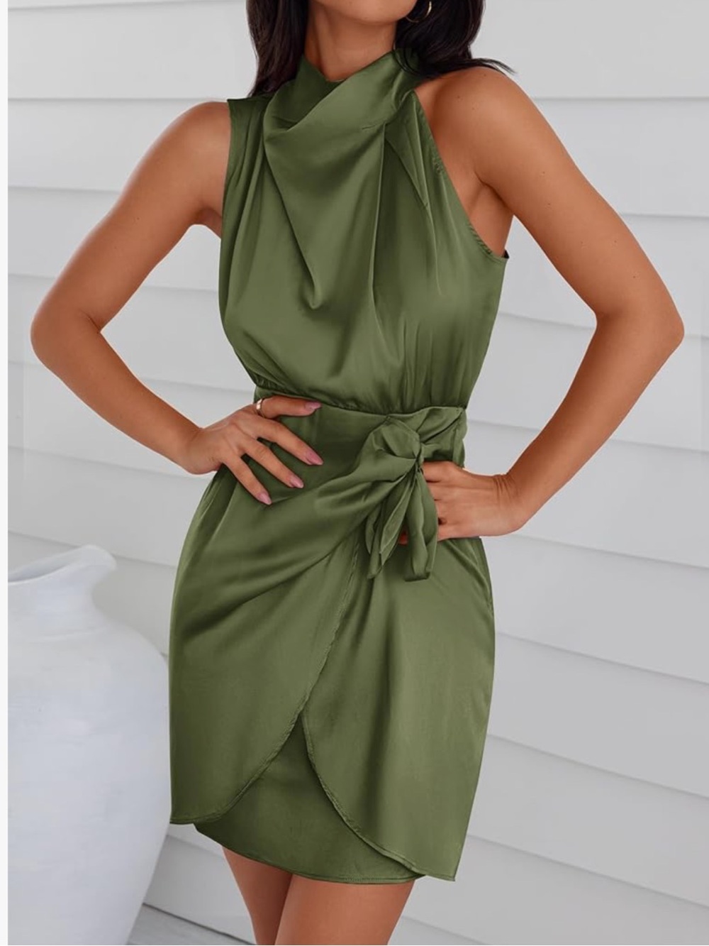 OLIVE GREEN 💚 Satin Halter Wrap Around Mini Dress